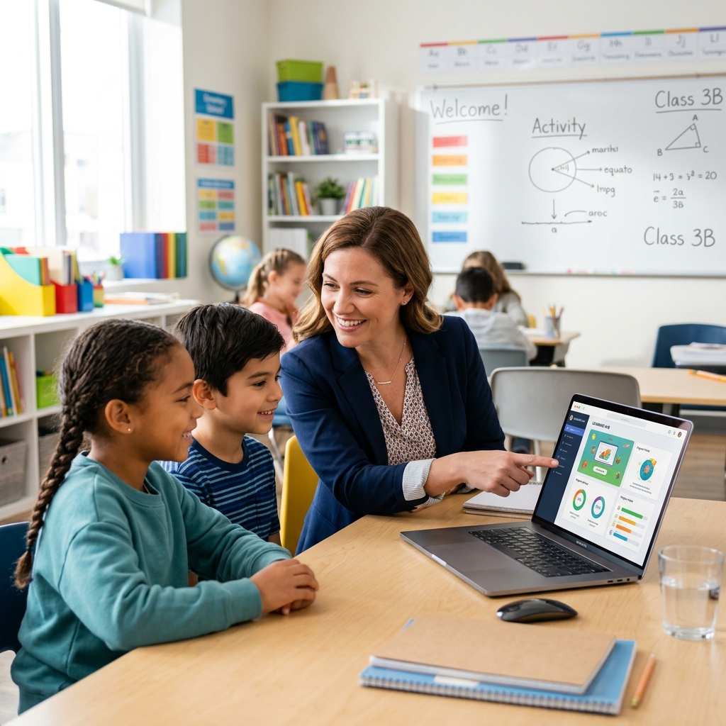 Teacher and children with laptop